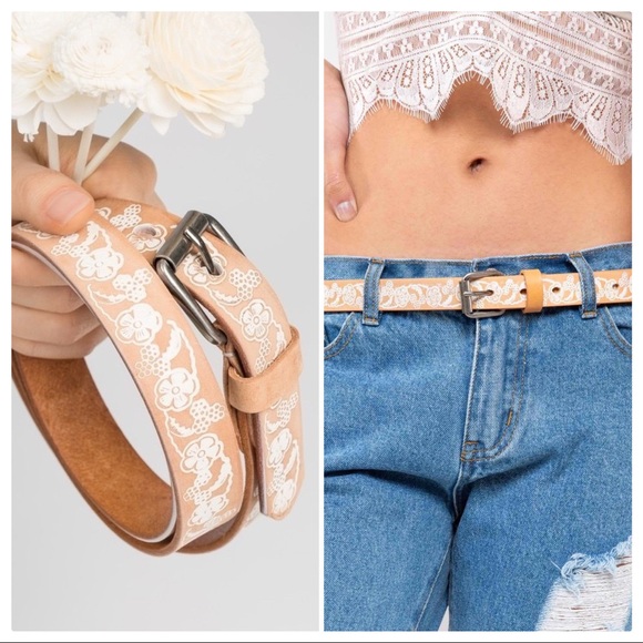 POL Accessories - Embossed Flower & Leaf Low Waist Leather Belt